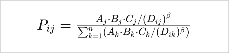 三つの要因を考慮したハフモデルの数式。選択確率P𝑖𝑗を示し、施設の魅力度Aj、補正係数Bj、および追加要因Cjを掛け合わせ、それを距離Dijのベータ乗で割ったものを、全施設に対して計算し、その合計で割る形式となっている。