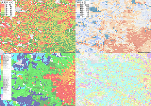 （左上の図）地図上に失業率を示すヒートマップ。グリッドごとに色分けされており、赤、黄、緑の色が使用されています。赤いグリッドは高い失業率を、緑のグリッドは低い失業率を示しており、各地域の失業率が視覚的に表現されています。左上には凡例があり、色ごとの失業率の範囲が示されています。このマップは、地域ごとの経済状況を把握するためのツールとして利用されます（右上の図）地図上に平均年収を示すヒートマップ。各グリッドは異なる色で塗り分けられており、青色から赤色のグラデーションで表現されています。青色のグリッドは低い年収のエリアを、赤色のグリッドは高い年収のエリアを示しています。左上には凡例があり、各色が示す年収の範囲が記載されています。このマップは、地域ごとの経済状況や所得分布を視覚的に把握するために使用されます。（左下の図）地図上にさまざまな色で示されたクラスター分布を示すビジュアル。各色は特定のクラスターを表しており、左側には凡例があり、各クラスター名が色と対応しています。地図は地域ごとに異なる色で区分され、各クラスターの分布が視覚的に示されています。この情報は、地域特性や市場セグメントの分析に役立つものです。（右下の図）さまざまな色で示された地図の広範囲にわたるビジュアル。地図は、異なる色で区分されたエリアが広がっており、それぞれのエリアは特定のカテゴリやデータを表していると考えられます。道路や都市の詳細な地理情報が背景として薄く描かれており、色ごとのデータ分布が視覚的に示されています。この地図は、地域の特性や利用可能なリソースを分析するために使用される可能性があります。