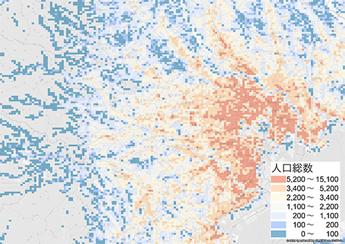 地図上に人口総数を示すヒートマップ。各エリアは、人口密度に応じて色分けされており、人口が多い地域は赤色からオレンジ色で、人口が少ない地域は青色から水色で示されています。地図の右下には凡例があり、各色が示す人口の範囲が記載されています。この地図は、都市部と郊外の人口分布を視覚的に把握するために使用されます。